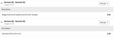 Bwin odds boost, Tyskland - Danmark, EM for kvinder 2022