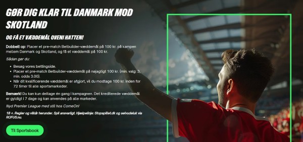 Spil 100 kr. på Danmark - Skotland og få et 100 kr. freebet hos ComeOn